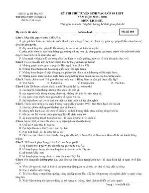 Đề thi thử tuyển sinh vào Lớp 10 THPT môn Lịch sử - Mã đề 005 - Năm học 2019-2020 - Trường THPT Hồng Hà